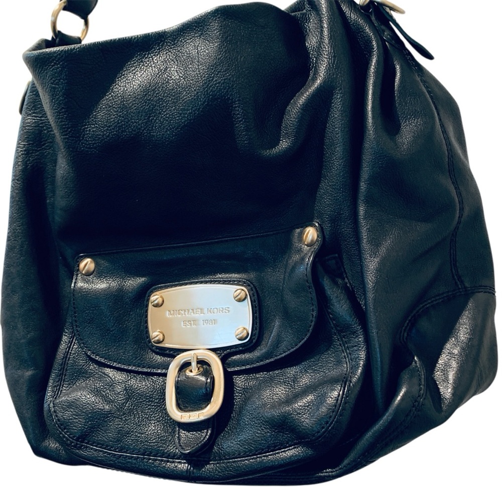 MICHAEL KORS Hudson Downtown Purse Tote Hobo Shoulder Bag Black with Gold